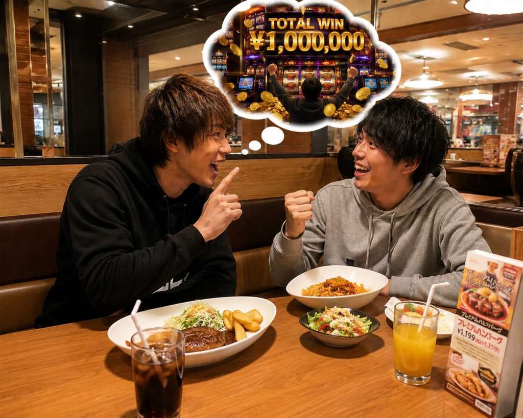 若者がパラダイスシティのスロットについて話している様子