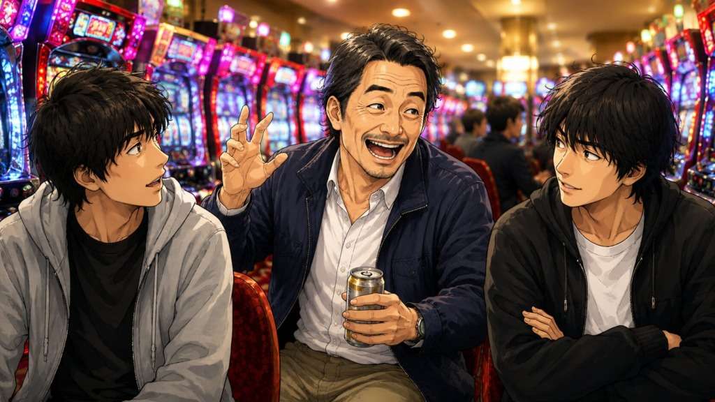 パチンコ屋で常連のオッサンが若者2人に自慢げに話しかけている様子