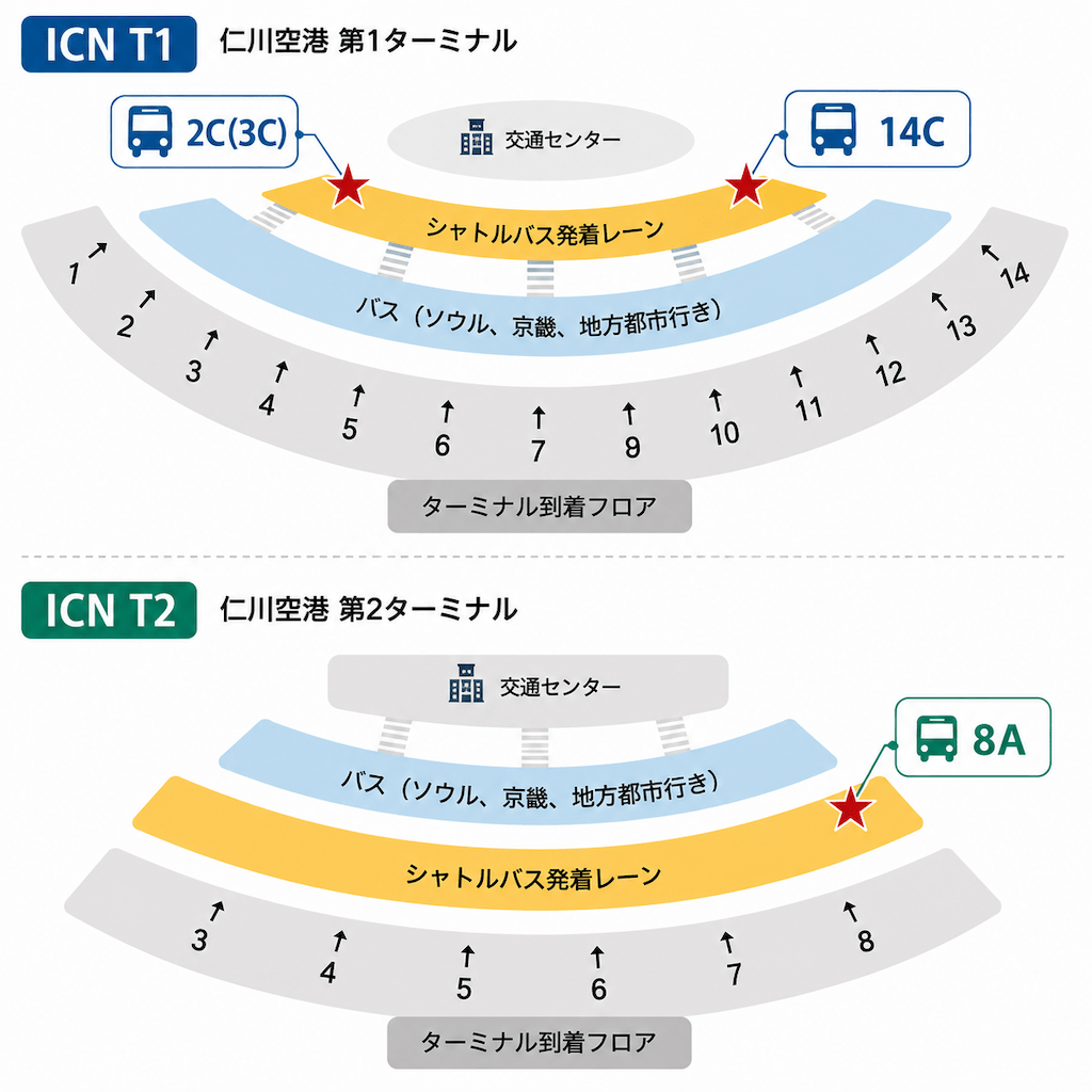 仁川国際空港、T1、T2インスパイア、アリーナ、カジノ、パラダイスシティ、シャトルバス乗場